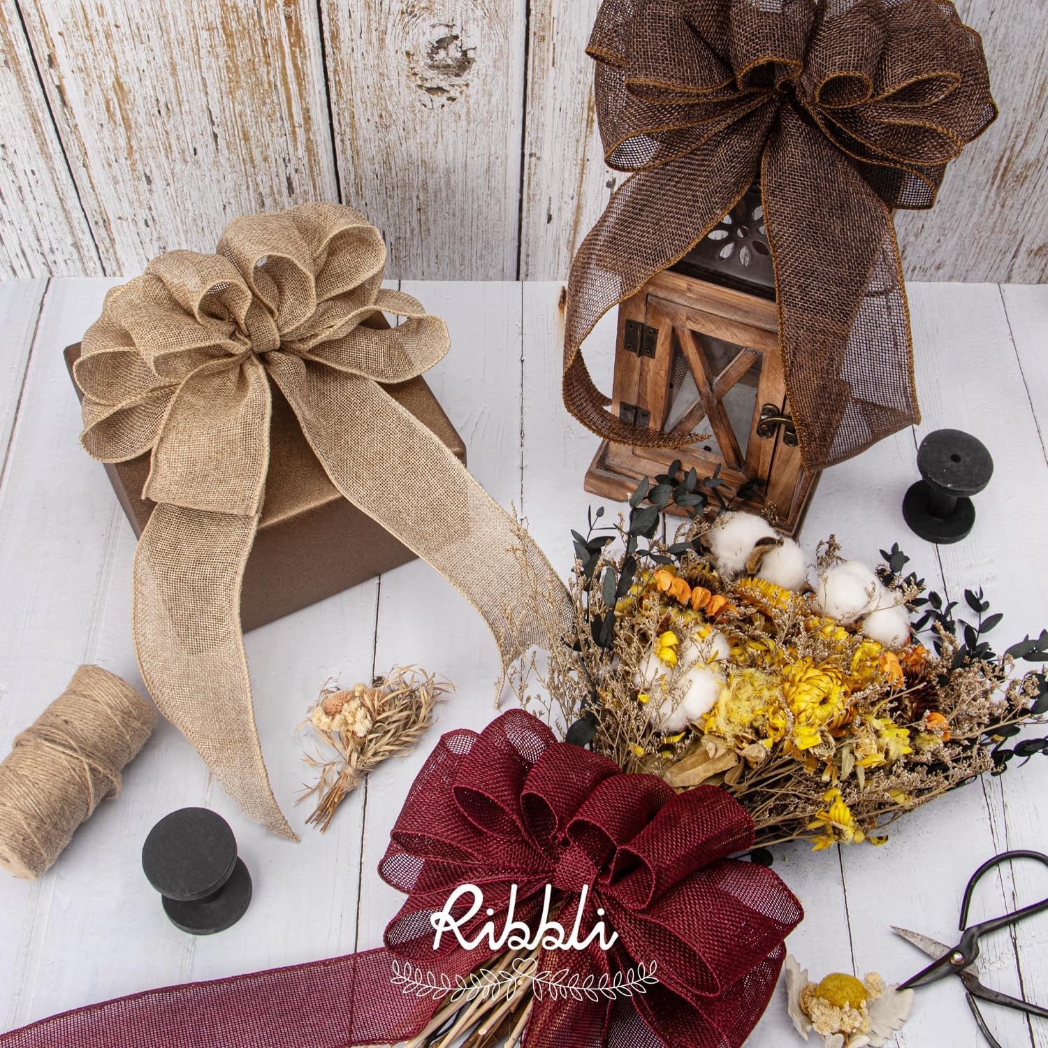 Ribbli Fall Burlap Ribbon,Natural/Yellow/Orange/Sage/Brown/Burgundy Burlap Wired Ribbon,2 Inch x 6 Colors Total 30 Yard, Fall Wired Ribbon for Big Bow,Wreath,Outdoor Decoration(2.5 inch)