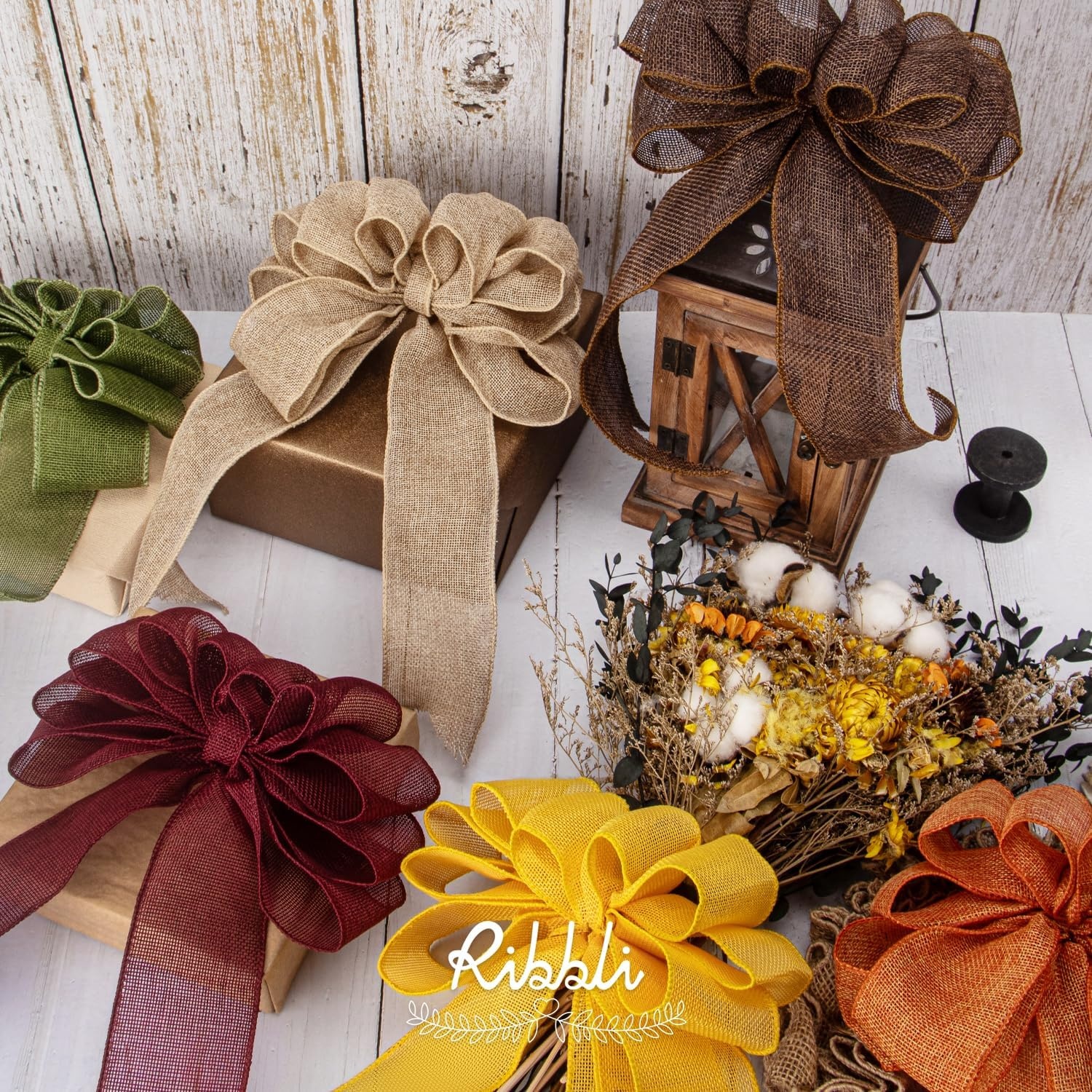 Ribbli Fall Burlap Ribbon,Natural/Yellow/Orange/Sage/Brown/Burgundy Burlap Wired Ribbon,2 Inch x 6 Colors Total 30 Yard, Fall Wired Ribbon for Big Bow,Wreath,Outdoor Decoration(2.5 inch)