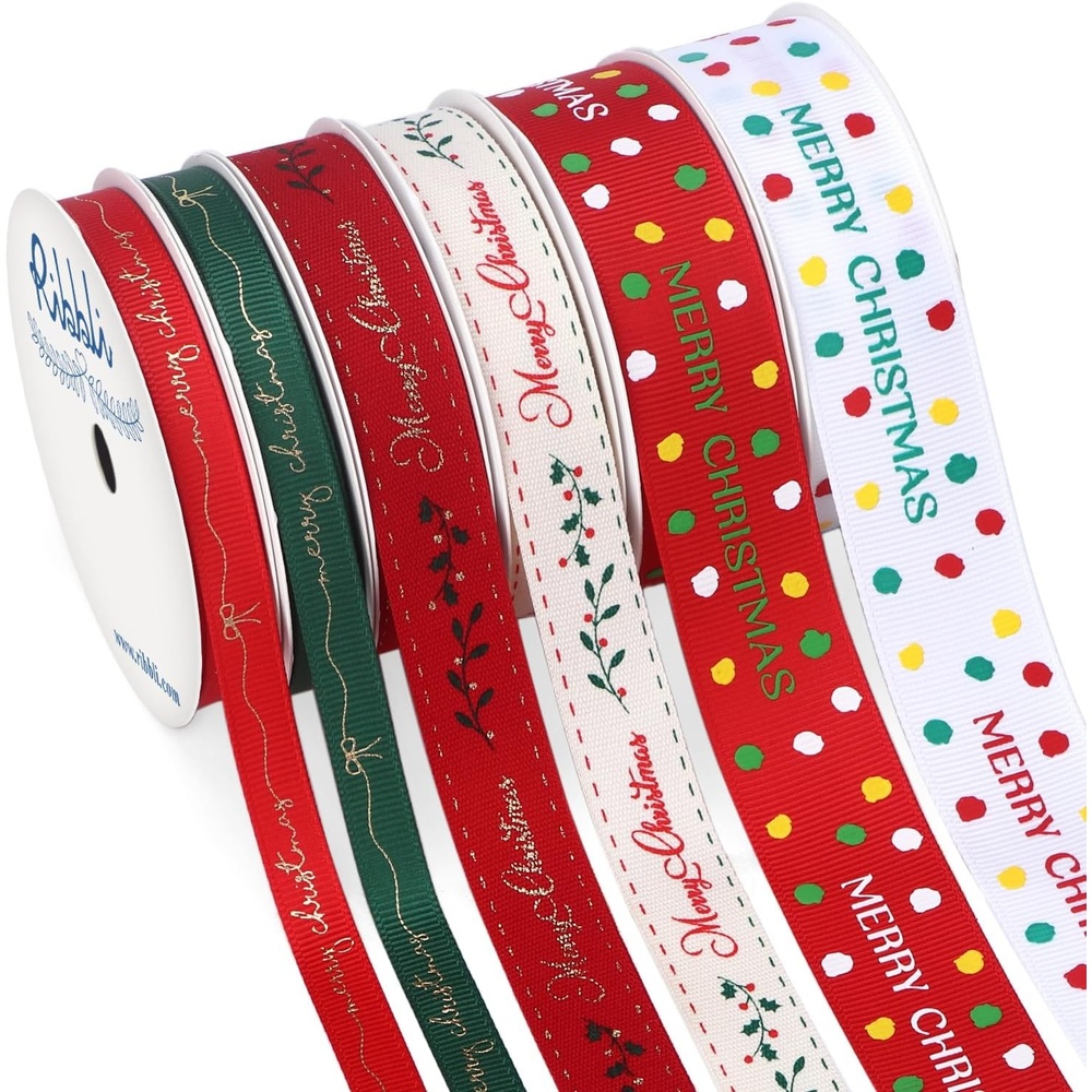 Ribbli Christmas Ribbon for Gift Wrapping, Merry Christmas Ribbon with Gold Pattern, Use for Christmas Craft,Gift Wrapping,Home Decor,3/8 5/8 1- 6 Rolls Total 30 Yards,Red/Green(Red/White/Green/Yellow)