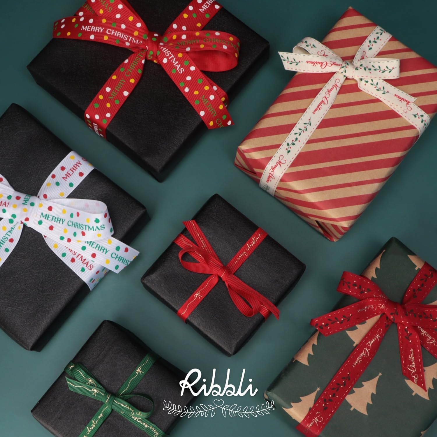 Ribbli Christmas Ribbon for Gift Wrapping, Merry Christmas Ribbon with Gold Pattern, Use for Christmas Craft,Gift Wrapping,Home Decor,3/8 5/8 1- 6 Rolls Total 30 Yards,Red/Green(Red/White/Green/Yellow)