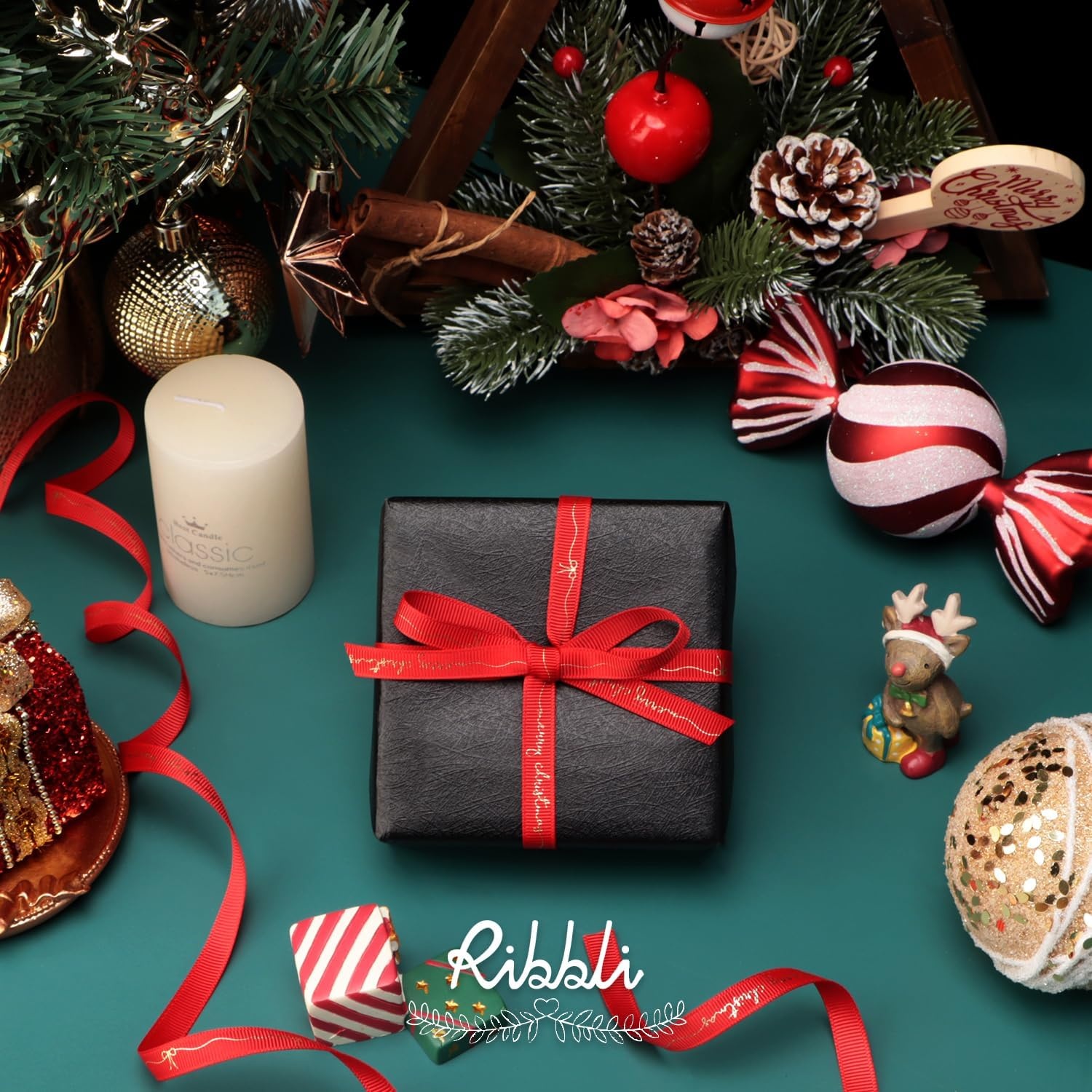 Ribbli Christmas Ribbon for Gift Wrapping, Merry Christmas Ribbon with Gold Pattern, Use for Christmas Craft,Gift Wrapping,Home Decor,3/8 5/8 1- 6 Rolls Total 30 Yards,Red/Green(Red/White/Green/Yellow)