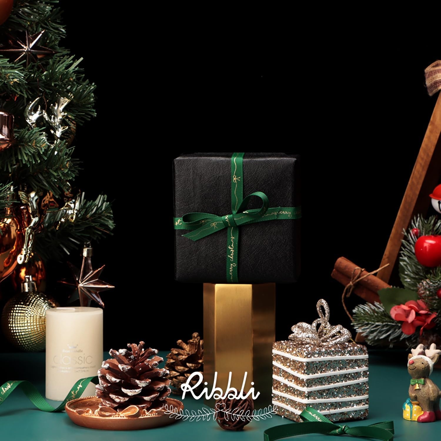 Ribbli Christmas Ribbon for Gift Wrapping, Merry Christmas Ribbon with Gold Pattern, Use for Christmas Craft,Gift Wrapping,Home Decor,3/8 5/8 1- 6 Rolls Total 30 Yards,Red/Green(Red/White/Green/Yellow)