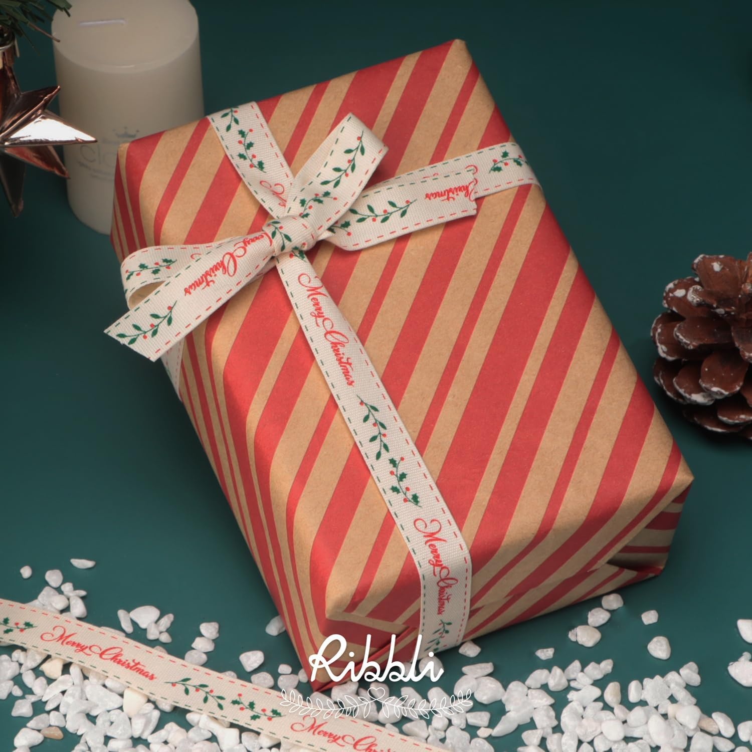 Ribbli Christmas Ribbon for Gift Wrapping, Merry Christmas Ribbon with Gold Pattern, Use for Christmas Craft,Gift Wrapping,Home Decor,3/8 5/8 1- 6 Rolls Total 30 Yards,Red/Green(Red/White/Green/Yellow)