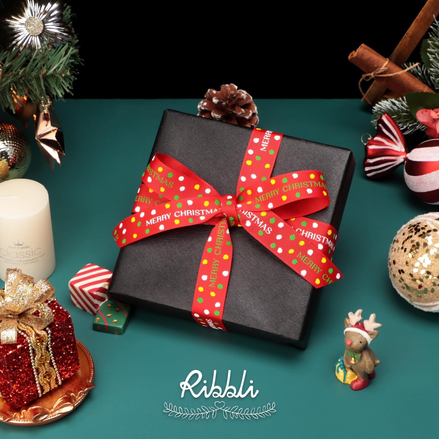 Ribbli Christmas Ribbon for Gift Wrapping, Merry Christmas Ribbon with Gold Pattern, Use for Christmas Craft,Gift Wrapping,Home Decor,3/8 5/8 1- 6 Rolls Total 30 Yards,Red/Green(Red/White/Green/Yellow)