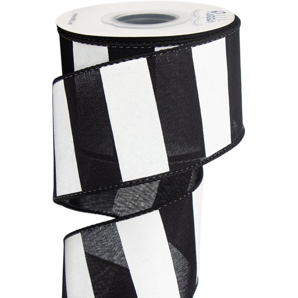 Ribbli Black and White Wide Stripe Wired Burlap Ribbon,2-1/2 Inch x 10 Yard(Wide White/Black)