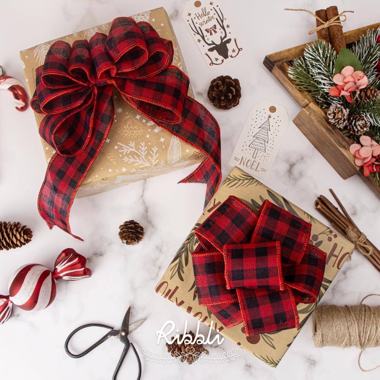 Ribbli Black and White Wired Ribbon,1-1/2 Inch x 10 Yard,Buffalo Plaid Ribbon,Burlap Ribbon for Big Bow,Wreath,Tree Decoration,Outdoor Decoration(Red/Black)