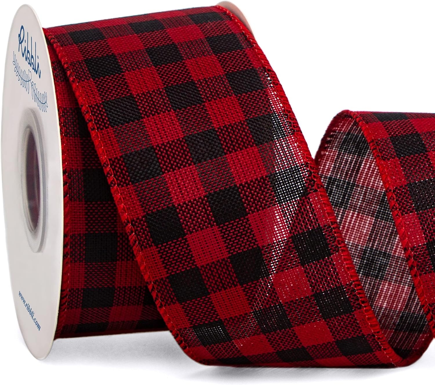 Ribbli Black and White Wired Ribbon,1-1/2 Inch x 10 Yard,Buffalo Plaid Ribbon,Burlap Ribbon for Big Bow,Wreath,Tree Decoration,Outdoor Decoration(Red/Black)