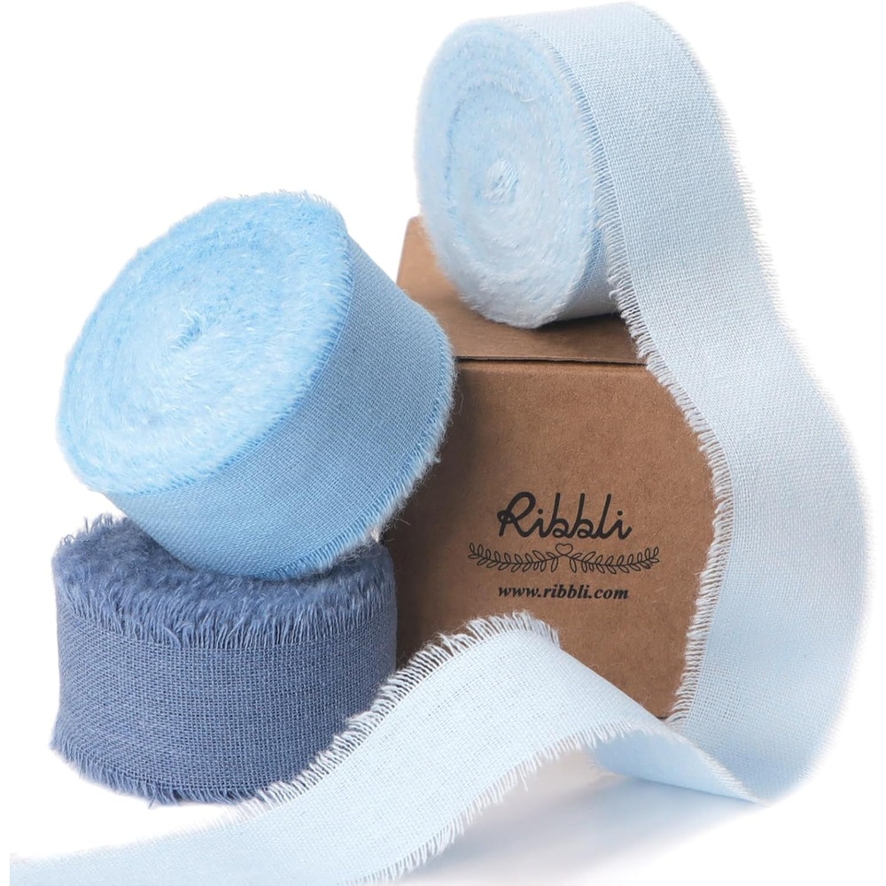Ribbli 3 Rolls Dusty Blue Ribbon 1.5 Inch x 18Yards Handmade Cotton Frayed Fringe Ribbons for Gift Wrapping Wedding Invites Bridal Bouquets Baby Shower DIY Crafts Home Decor(Lt.Blue/Blue/Dusty Blue)