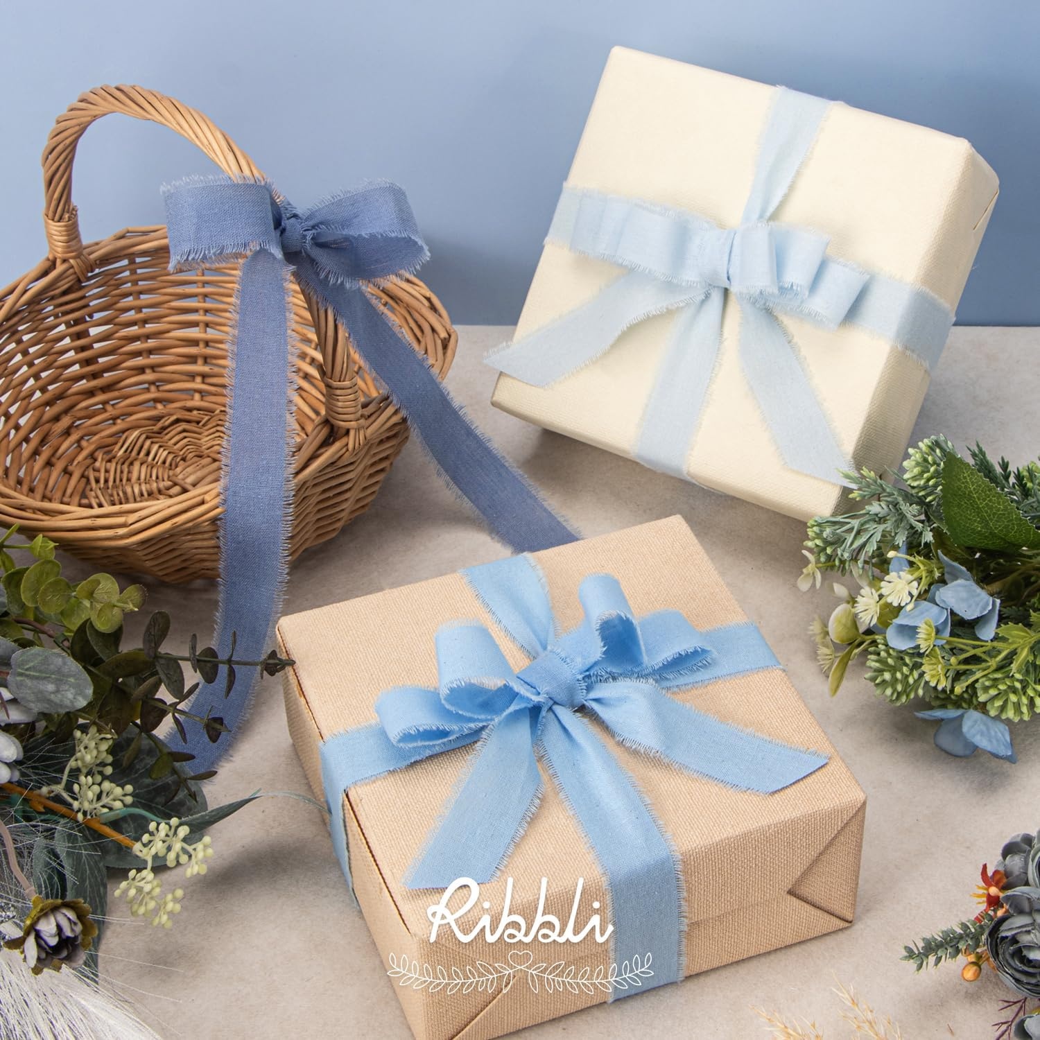 Ribbli 3 Rolls Dusty Blue Ribbon 1.5 Inch x 18Yards Handmade Cotton Frayed Fringe Ribbons for Gift Wrapping Wedding Invites Bridal Bouquets Baby Shower DIY Crafts Home Decor(Lt.Blue/Blue/Dusty Blue)