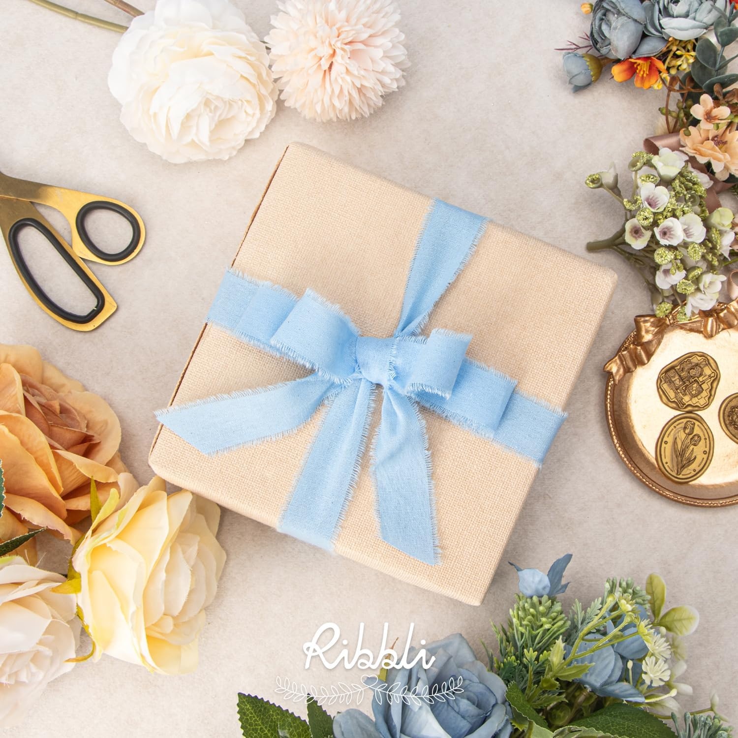 Ribbli 3 Rolls Dusty Blue Ribbon 1.5 Inch x 18Yards Handmade Cotton Frayed Fringe Ribbons for Gift Wrapping Wedding Invites Bridal Bouquets Baby Shower DIY Crafts Home Decor(Lt.Blue/Blue/Dusty Blue)