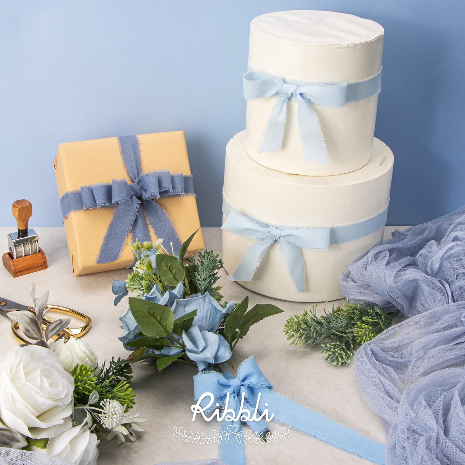 Ribbli 3 Rolls Dusty Blue Ribbon 1.5 Inch x 18Yards Handmade Cotton Frayed Fringe Ribbons for Gift Wrapping Wedding Invites Bridal Bouquets Baby Shower DIY Crafts Home Decor(Lt.Blue/Blue/Dusty Blue)