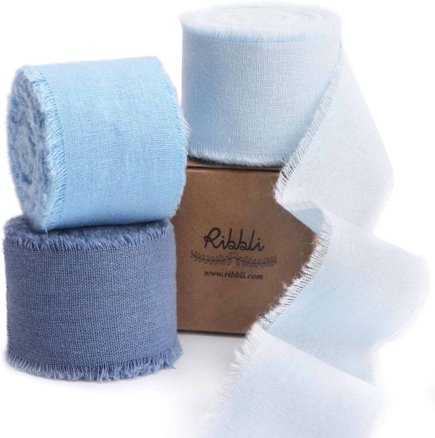 Ribbli 3 Rolls Dusty Blue Ribbon 1.5 Inch x 18Yards Handmade Cotton Frayed Fringe Ribbons for Gift Wrapping Wedding Invites Bridal Bouquets Baby Shower DIY Crafts Home Decor(Lt.Blue/Blue/Dusty Blue)
