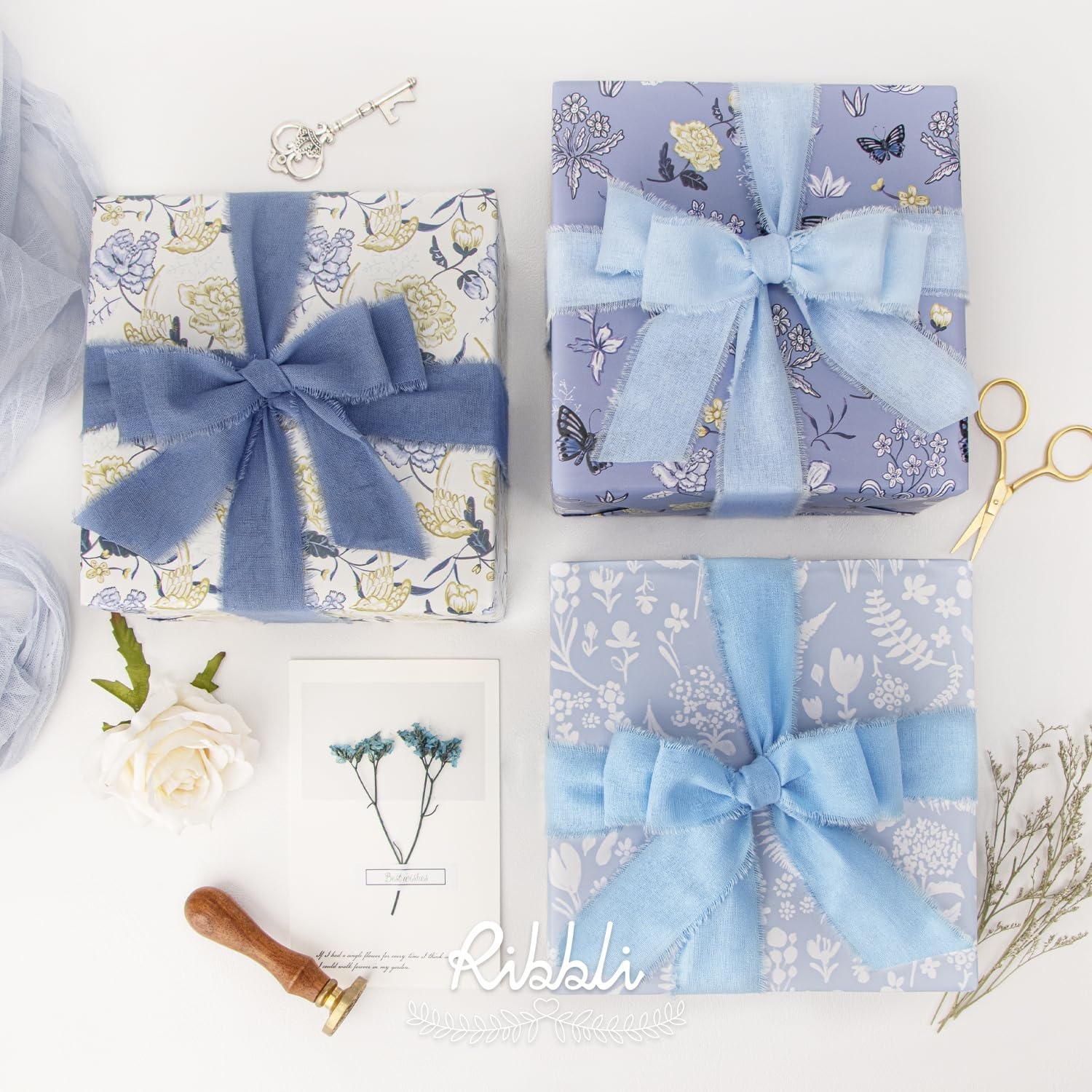 Ribbli 3 Rolls Dusty Blue Ribbon 1.5 Inch x 18Yards Handmade Cotton Frayed Fringe Ribbons for Gift Wrapping Wedding Invites Bridal Bouquets Baby Shower DIY Crafts Home Decor(Lt.Blue/Blue/Dusty Blue)