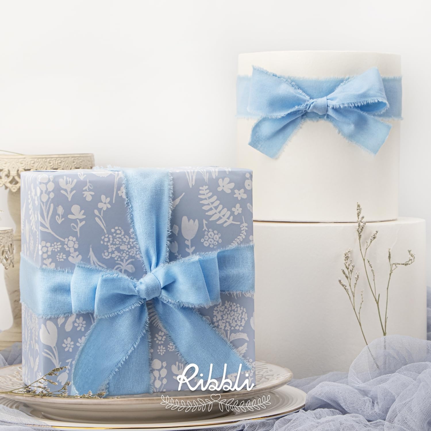 Ribbli 3 Rolls Dusty Blue Ribbon 1.5 Inch x 18Yards Handmade Cotton Frayed Fringe Ribbons for Gift Wrapping Wedding Invites Bridal Bouquets Baby Shower DIY Crafts Home Decor(Lt.Blue/Blue/Dusty Blue)