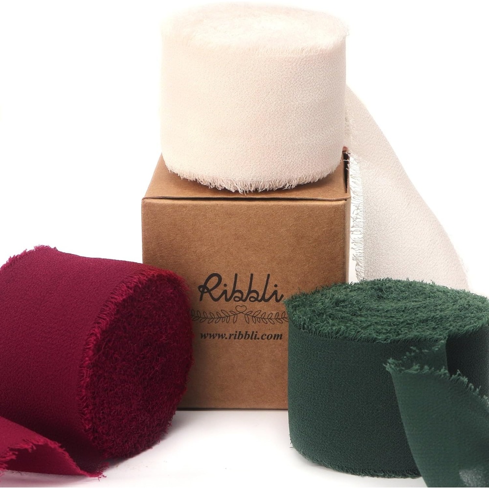 Ribbli Chiffon Silk Ribbon, 1.5 inch x 30 Yard, Champagne/Terracotta/Rust Red Fringe Chiffon Fall Ribbon for Wedding Invitations, Bridal Bouquets Wrapping, Flower Arrangement Decoration(Cream/Burgundy/Green)