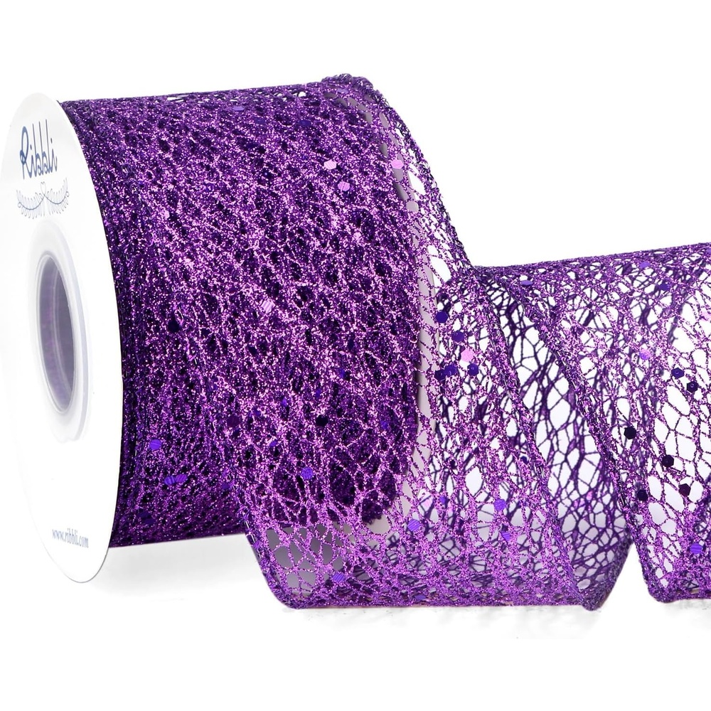 Ribbli Christmas Ribbon,Glitter Mesh Wired Ribbon for Christmas Tree, Silver Sparkling 2.5 Inch x 10 Yard for Crafts, Big Bow,Gift Wrapping, Wreath(Purple)