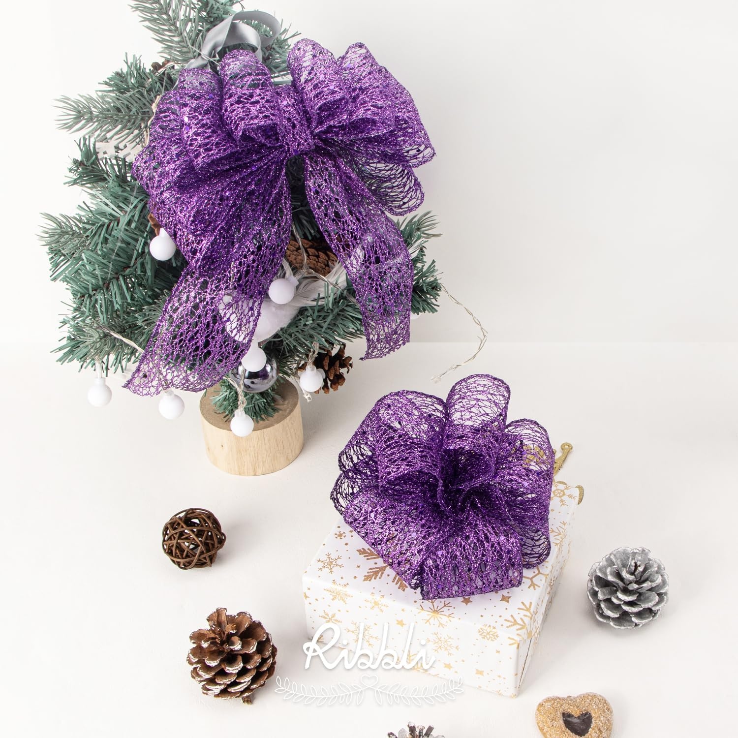 Ribbli Christmas Ribbon,Glitter Mesh Wired Ribbon for Christmas Tree, Silver Sparkling 2.5 Inch x 10 Yard for Crafts, Big Bow,Gift Wrapping, Wreath(Purple)
