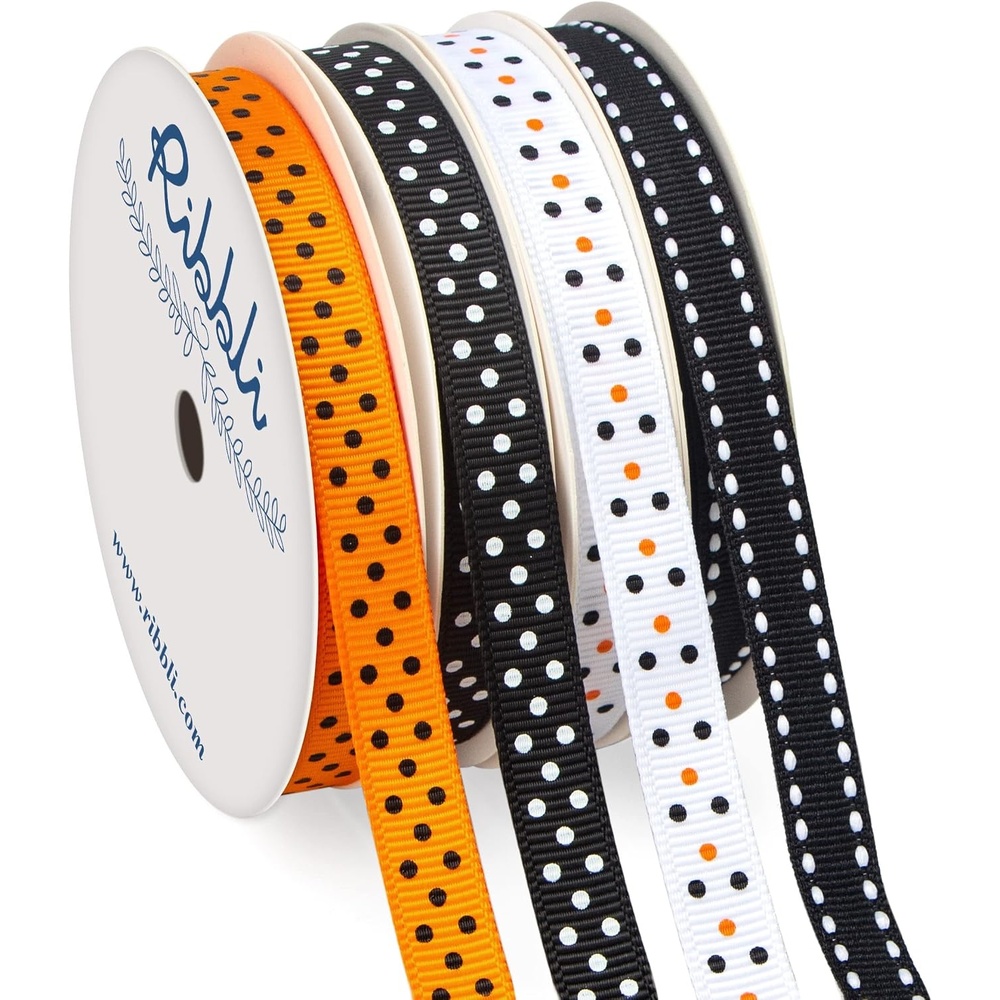 Ribbli 4 Rolls Halloween Ribbon,Halloween Polka Dots and Stitch Grosgrain Ribbon for Crafts, Gift Wrapping, 3/8 Inches Total 35 Yard, Black/White/Orange