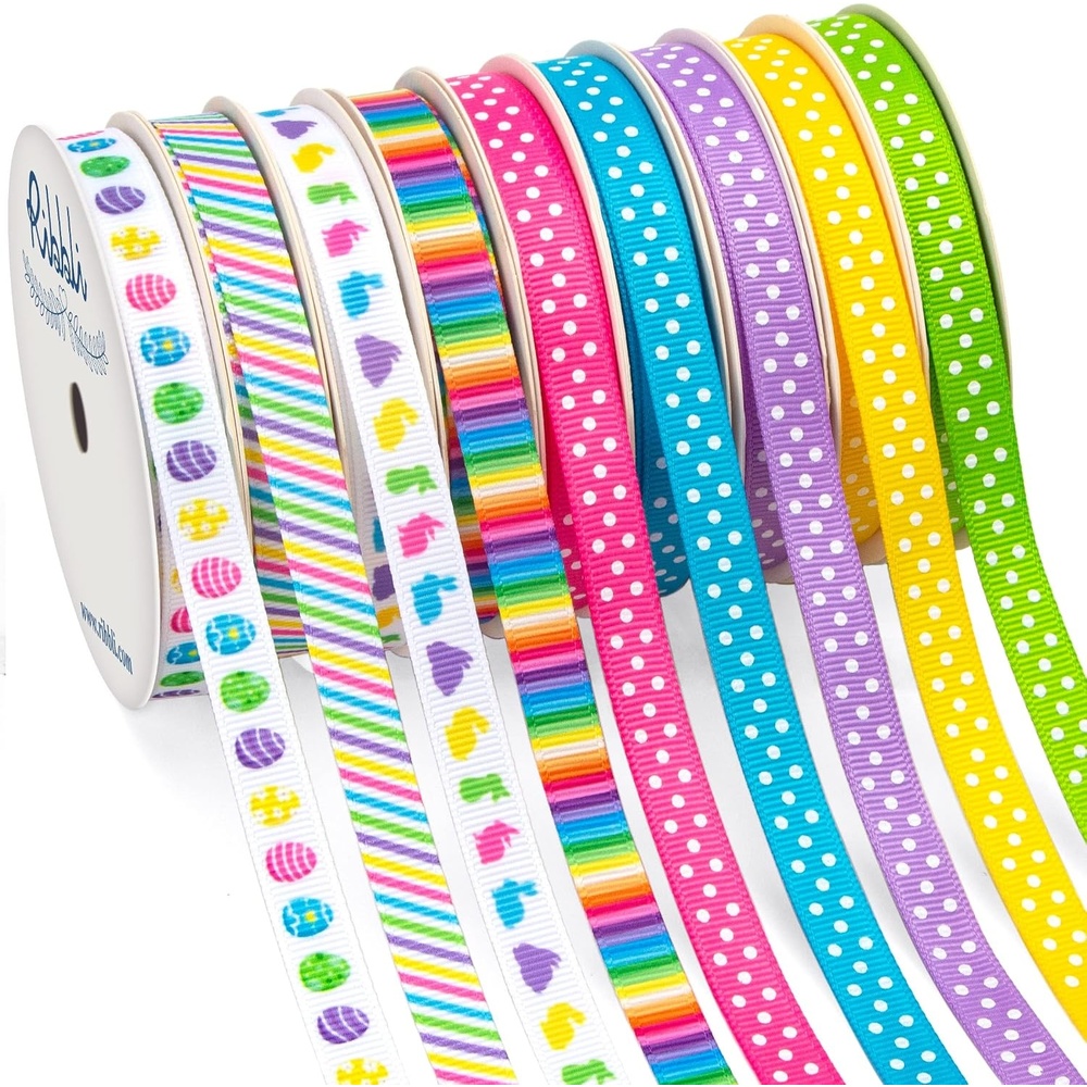 Ribbli 9 Rolls Easter Ribbon,Easter Eggs/Stripe/Bunny/Rainbow/Polka Dot Grosgrain Ribbon,Spring Ribbon for Craft,Wreath,Gift Wrapping,Easter Basket Decoration,3/8 Inch Total 135 Feets (45 Yards)