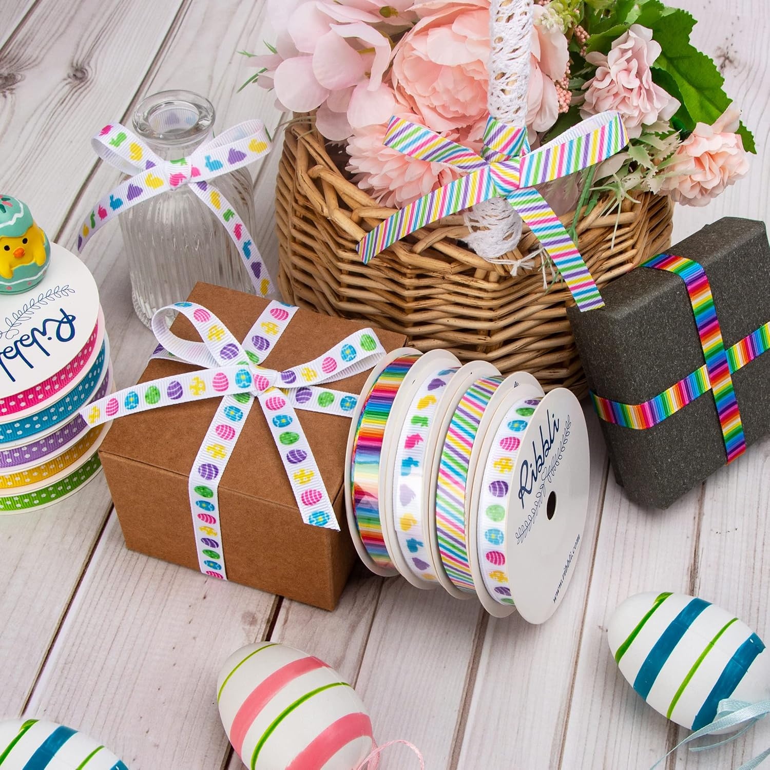 Ribbli 9 Rolls Easter Ribbon,Easter Eggs/Stripe/Bunny/Rainbow/Polka Dot Grosgrain Ribbon,Spring Ribbon for Craft,Wreath,Gift Wrapping,Easter Basket Decoration,3/8 Inch Total 135 Feets (45 Yards)