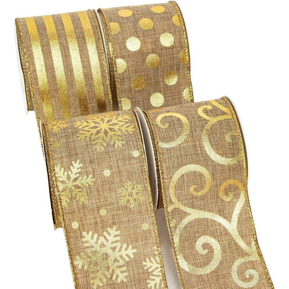 Ribbli 4 Rolls Christmas Wired Ribbon,Burlap Ribbon with Gold Pattern,Christmas Ribbon 2.5 Inch Total 20 Yard, Snowflake/Swirl/Dot/Stripe Christmas Ribbon for Crafts, Big Bow,Gift Wrapping, Wreath