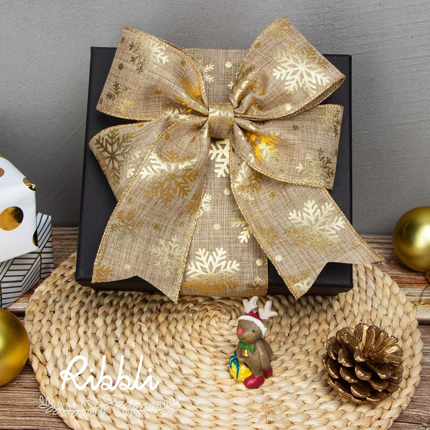 Ribbli 4 Rolls Christmas Wired Ribbon,Burlap Ribbon with Gold Pattern,Christmas Ribbon 2.5 Inch Total 20 Yard, Snowflake/Swirl/Dot/Stripe Christmas Ribbon for Crafts, Big Bow,Gift Wrapping, Wreath