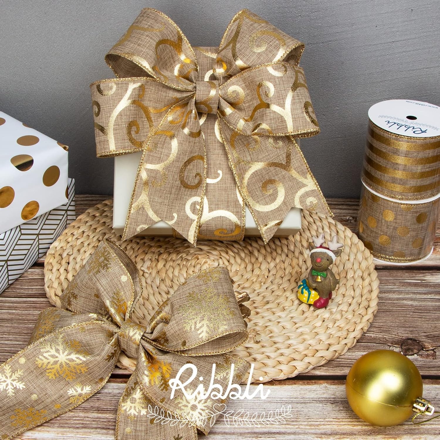 Ribbli 4 Rolls Christmas Wired Ribbon,Burlap Ribbon with Gold Pattern,Christmas Ribbon 2.5 Inch Total 20 Yard, Snowflake/Swirl/Dot/Stripe Christmas Ribbon for Crafts, Big Bow,Gift Wrapping, Wreath