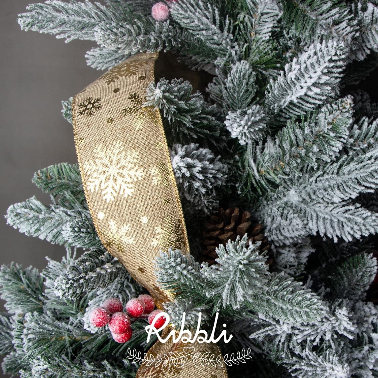 Ribbli 4 Rolls Christmas Wired Ribbon,Burlap Ribbon with Gold Pattern,Christmas Ribbon 2.5 Inch Total 20 Yard, Snowflake/Swirl/Dot/Stripe Christmas Ribbon for Crafts, Big Bow,Gift Wrapping, Wreath