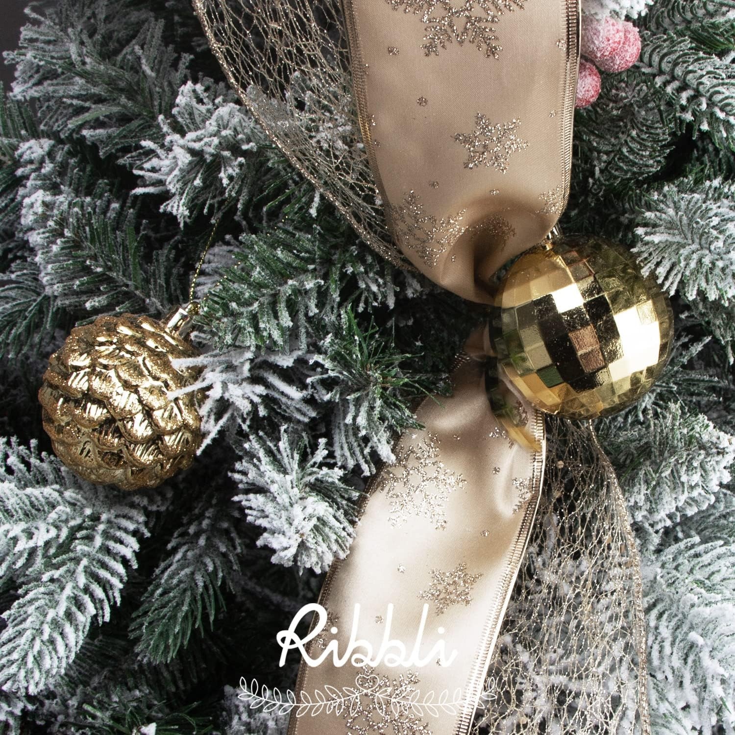 Ribbli Blue & Silver Christmas Tree Ribbon – Wired, Glitter, 2.5 Inch x 6 Rolls, Total 36 Yards – For Tree, Crafts, Gift Wrapping, Wreaths, Garland, Home Decor(Champagne Gold)