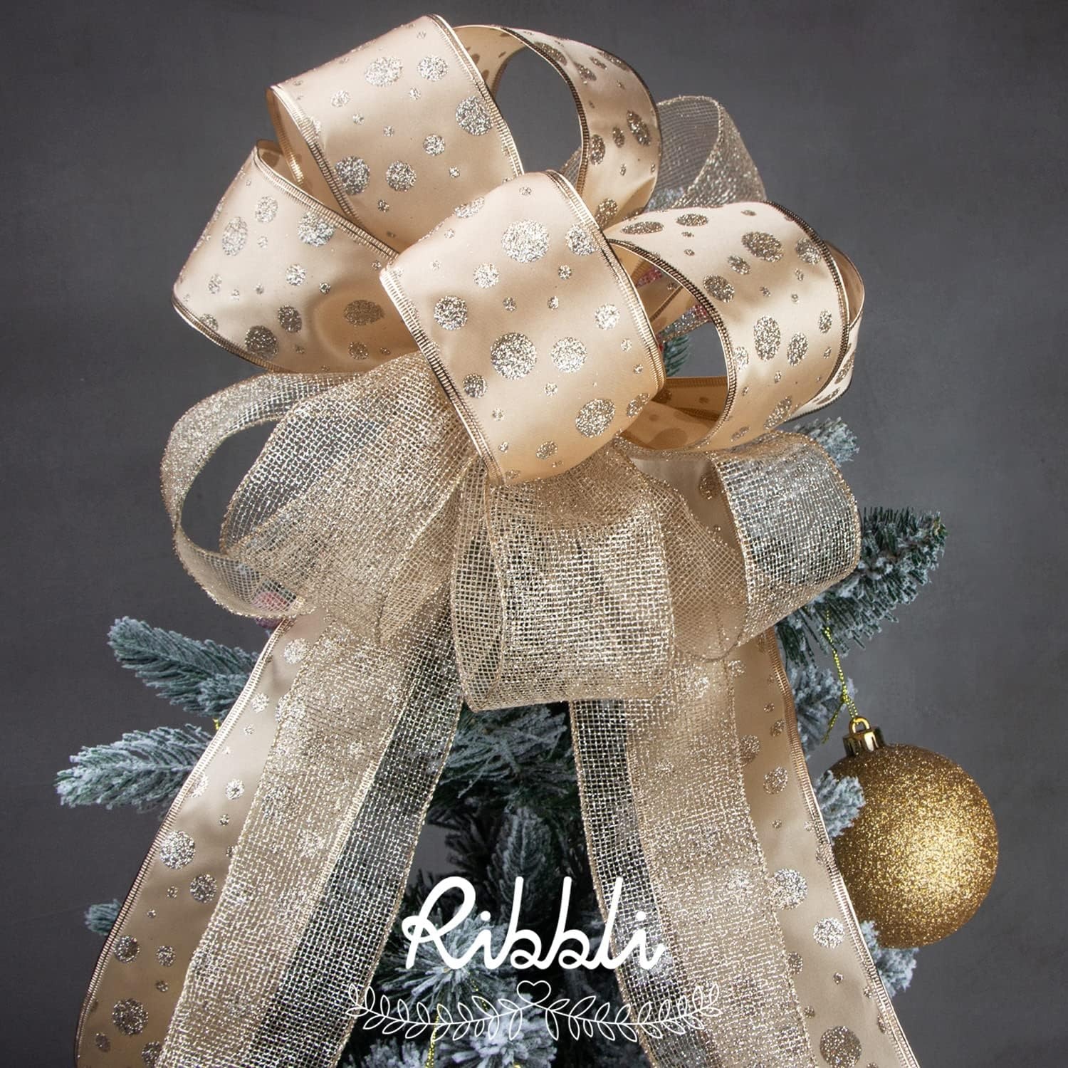 Ribbli Blue & Silver Christmas Tree Ribbon – Wired, Glitter, 2.5 Inch x 6 Rolls, Total 36 Yards – For Tree, Crafts, Gift Wrapping, Wreaths, Garland, Home Decor(Champagne Gold)