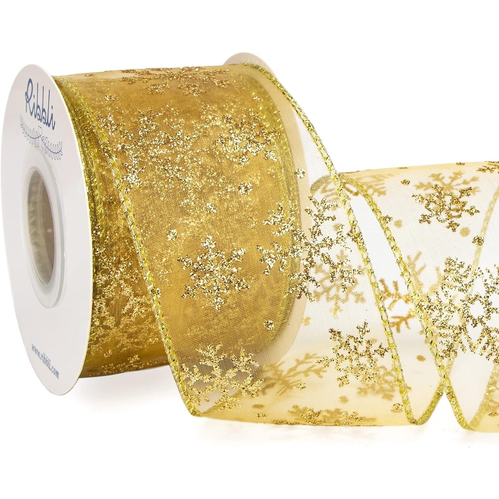 Ribbli Snowflake Glitter Wired Ribbon,Turquoise Blue Organza Sheer with Silver Glitter Snowflake Pattern and Silver Metallic Edge,2-1/2 Inch x 10 Yards Christmas Ribbon for Tree Decoration(Gold/Gold)