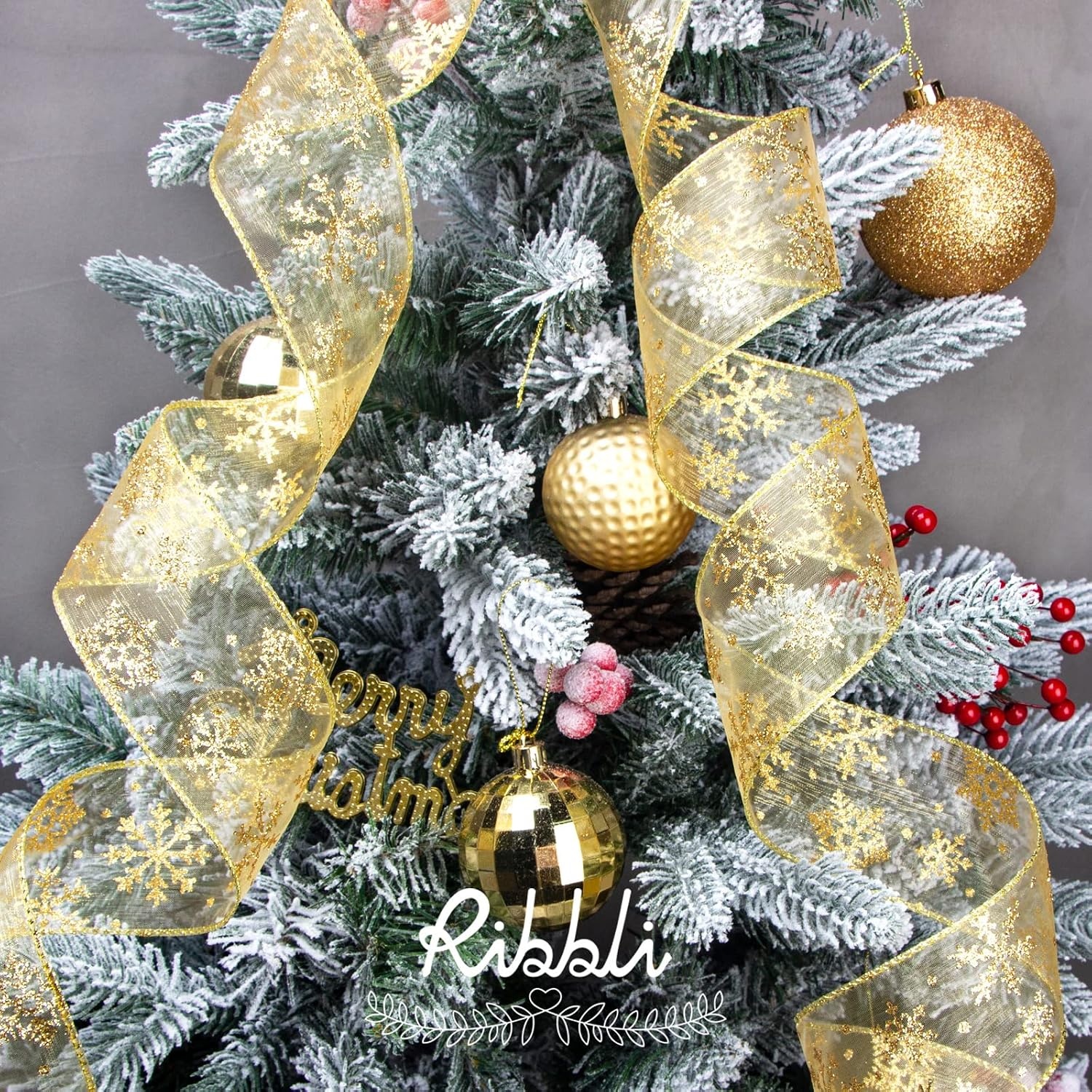 Ribbli Snowflake Glitter Wired Ribbon,Turquoise Blue Organza Sheer with Silver Glitter Snowflake Pattern and Silver Metallic Edge,2-1/2 Inch x 10 Yards Christmas Ribbon for Tree Decoration(Gold/Gold)