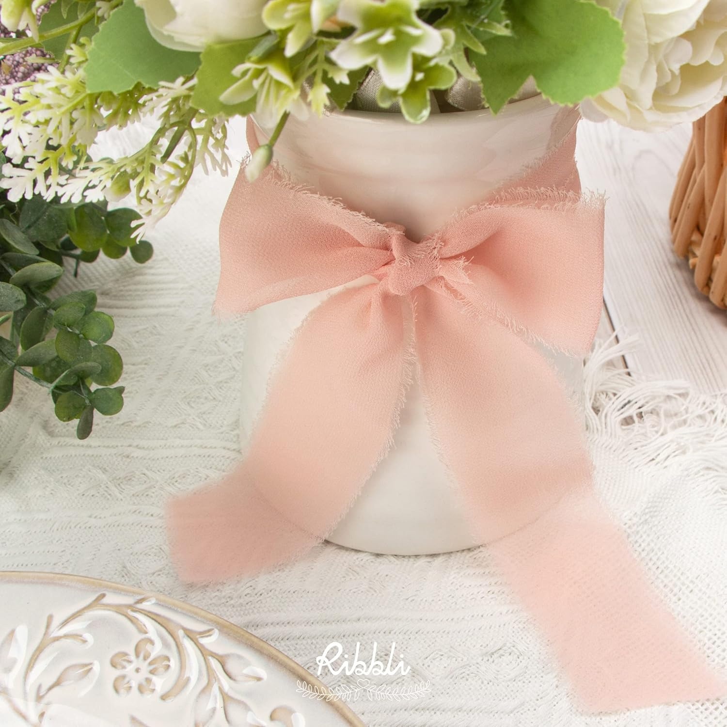 Ribbli Chiffon Silk Ribbon, 1.5 inch x 30 Yard, Champagne/Terracotta/Rust Red Fringe Chiffon Fall Ribbon for Wedding Invitations, Bridal Bouquets Wrapping, Flower Arrangement Decoration(Blush Pink/Dusty Pink/Mauve)