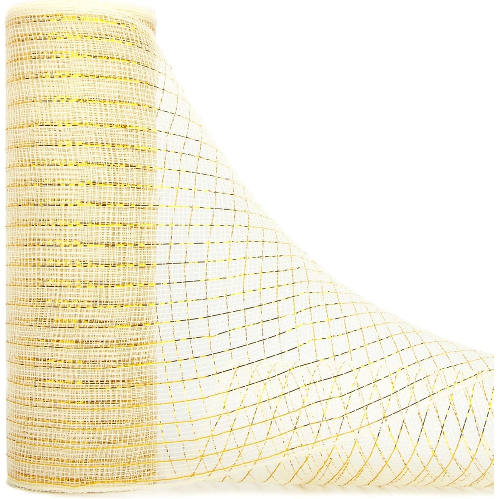 Ribbli Yellow Metallic Mesh Ribbon, 10 inch x 30 feet(10Yard), Yellow with Gold Foil, Use for Wreath Swags and Christmas Tree Decoration(Cream/Gold)