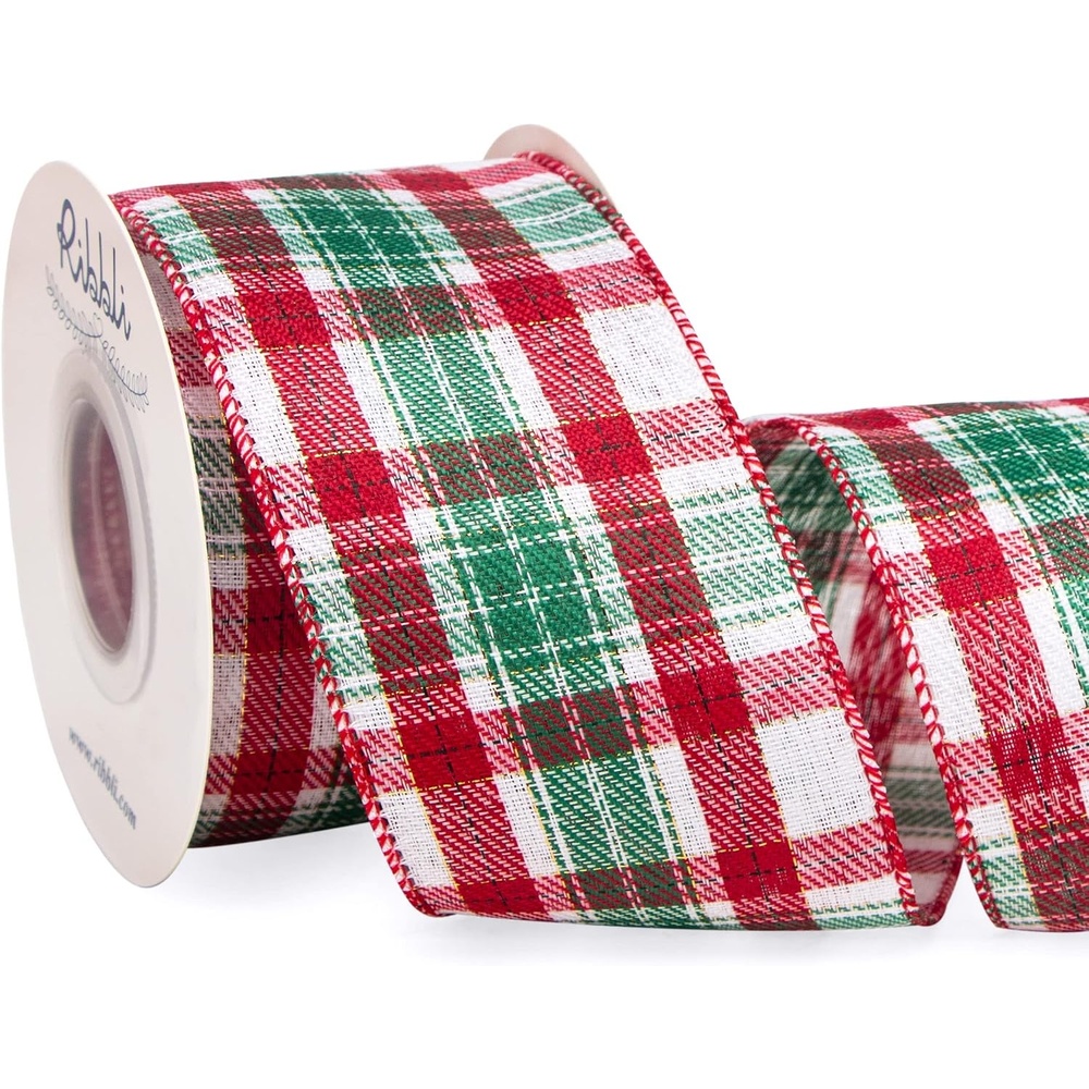 Ribbli Christmas Ribbon Wired, Red and Green Plaid Ribbon 2-1/2 inch x Continuous 10 Yard, Christmas Tree Ribbon for Topper Bow,Wreath and Swag, Gift Wrapping, Tree Decoration(Red/White/Green)