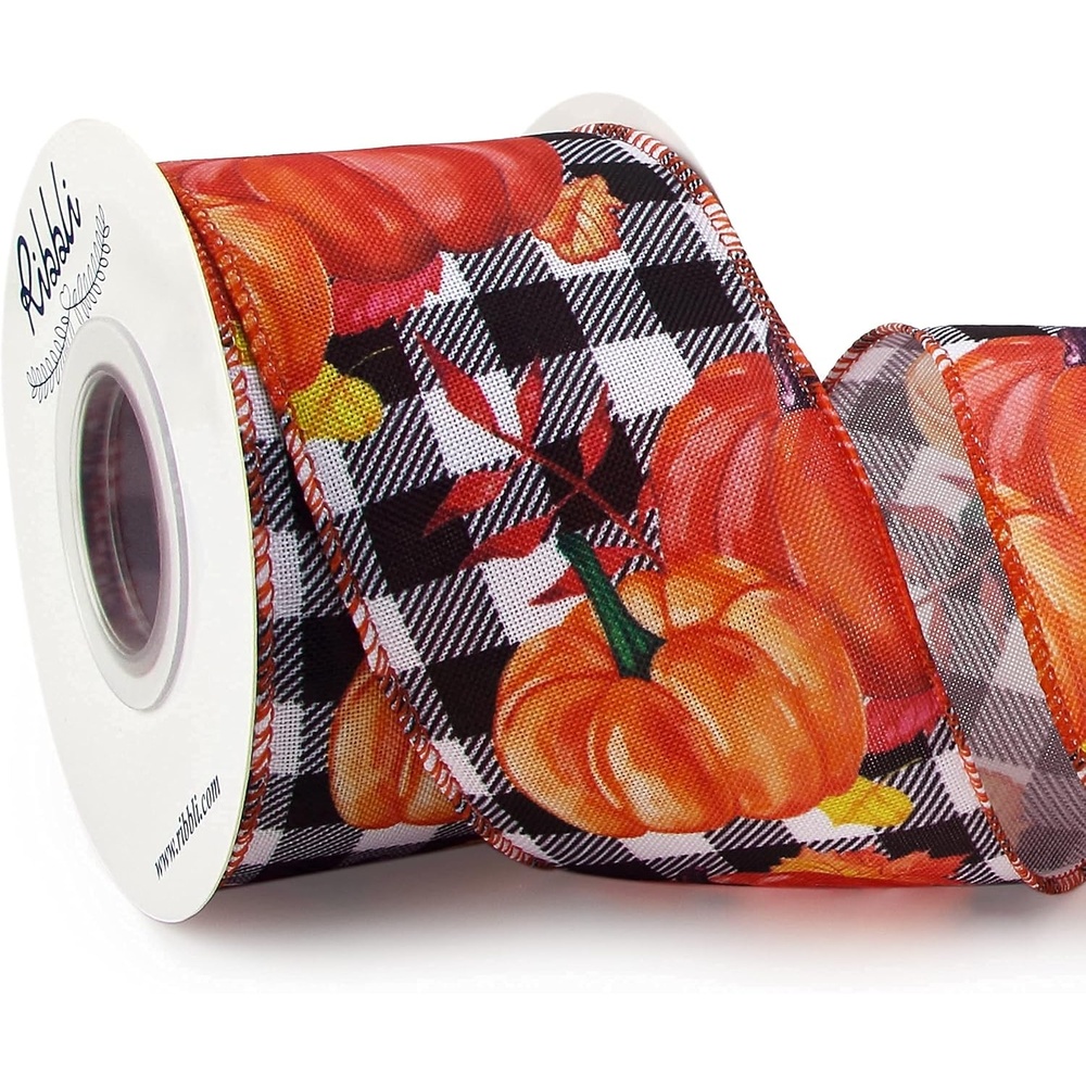 Ribbli Fall Burlap Wired Ribbon,Big Pumpkin Plaid Ribbon,2-1/2 Inch x 10 Yard Pumpkin Black Check Ribbon for Big Bow,Fall Wreath,Gift Wrapping,Outdoor Decoration