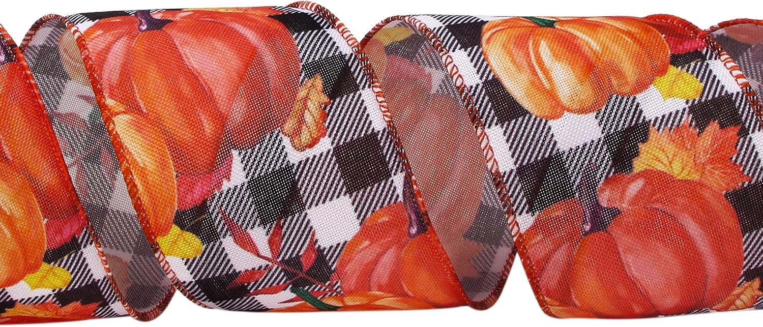 Ribbli Fall Burlap Wired Ribbon,Big Pumpkin Plaid Ribbon,2-1/2 Inch x 10 Yard Pumpkin Black Check Ribbon for Big Bow,Fall Wreath,Gift Wrapping,Outdoor Decoration