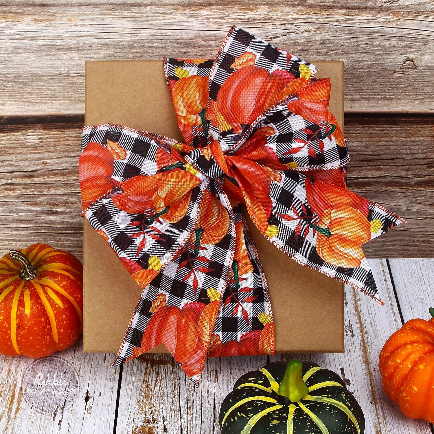 Ribbli Fall Burlap Wired Ribbon,Big Pumpkin Plaid Ribbon,2-1/2 Inch x 10 Yard Pumpkin Black Check Ribbon for Big Bow,Fall Wreath,Gift Wrapping,Outdoor Decoration