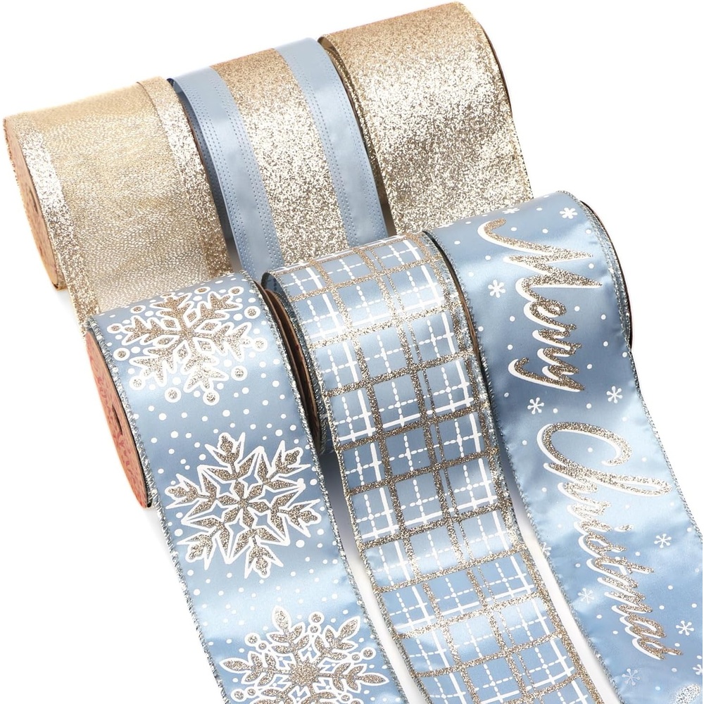 Ribbli Christmas Ribbon Wired Black Champagne Christmas Tree Ribbon Snowflake Glitter Wired Ribbons for Tree Topper Bow Crafts Gift Wrapping Wreaths Garland Home Decor -2.5 Inchx6 Rolls Total 36Yard(Dusty Blue/Champagne)