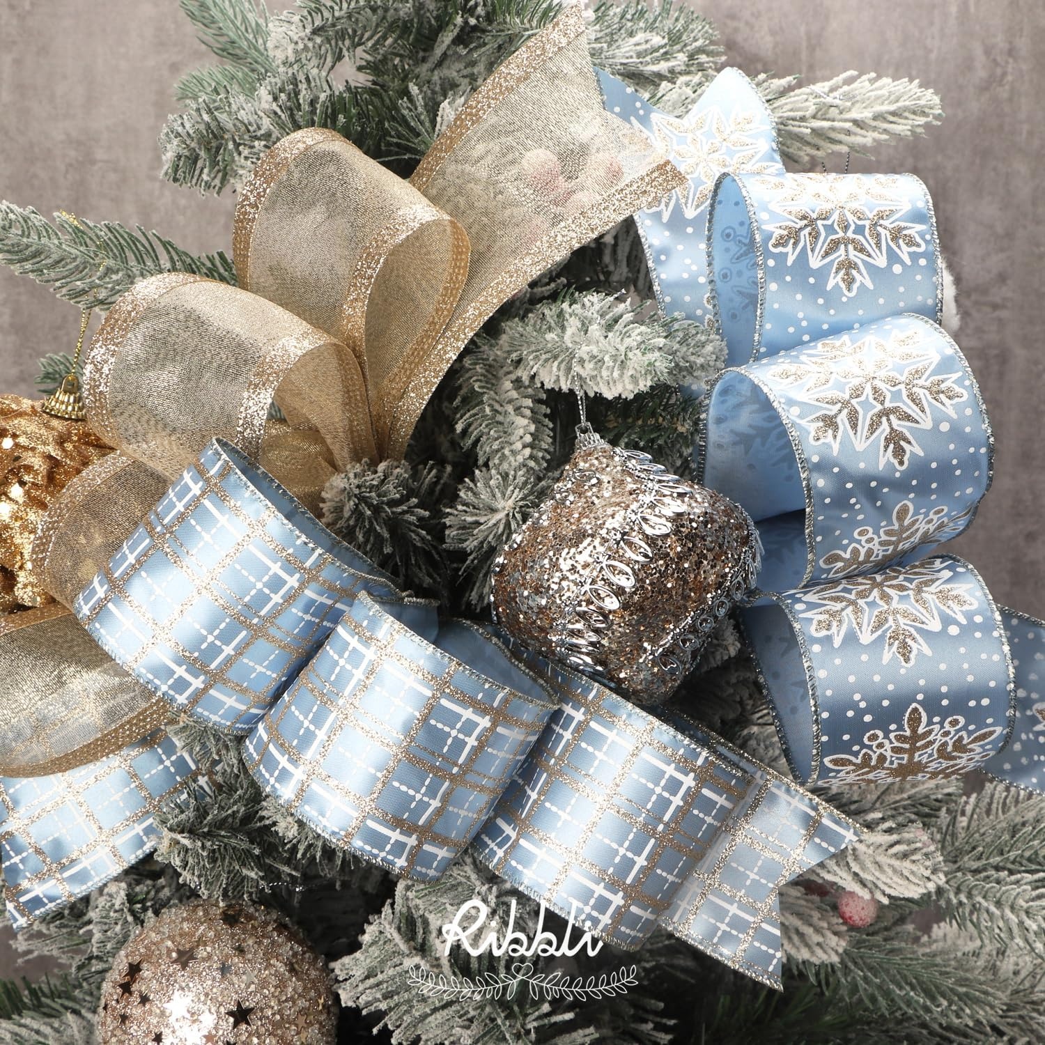 Ribbli Christmas Ribbon Wired Black Champagne Christmas Tree Ribbon Snowflake Glitter Wired Ribbons for Tree Topper Bow Crafts Gift Wrapping Wreaths Garland Home Decor -2.5 Inchx6 Rolls Total 36Yard(Dusty Blue/Champagne)