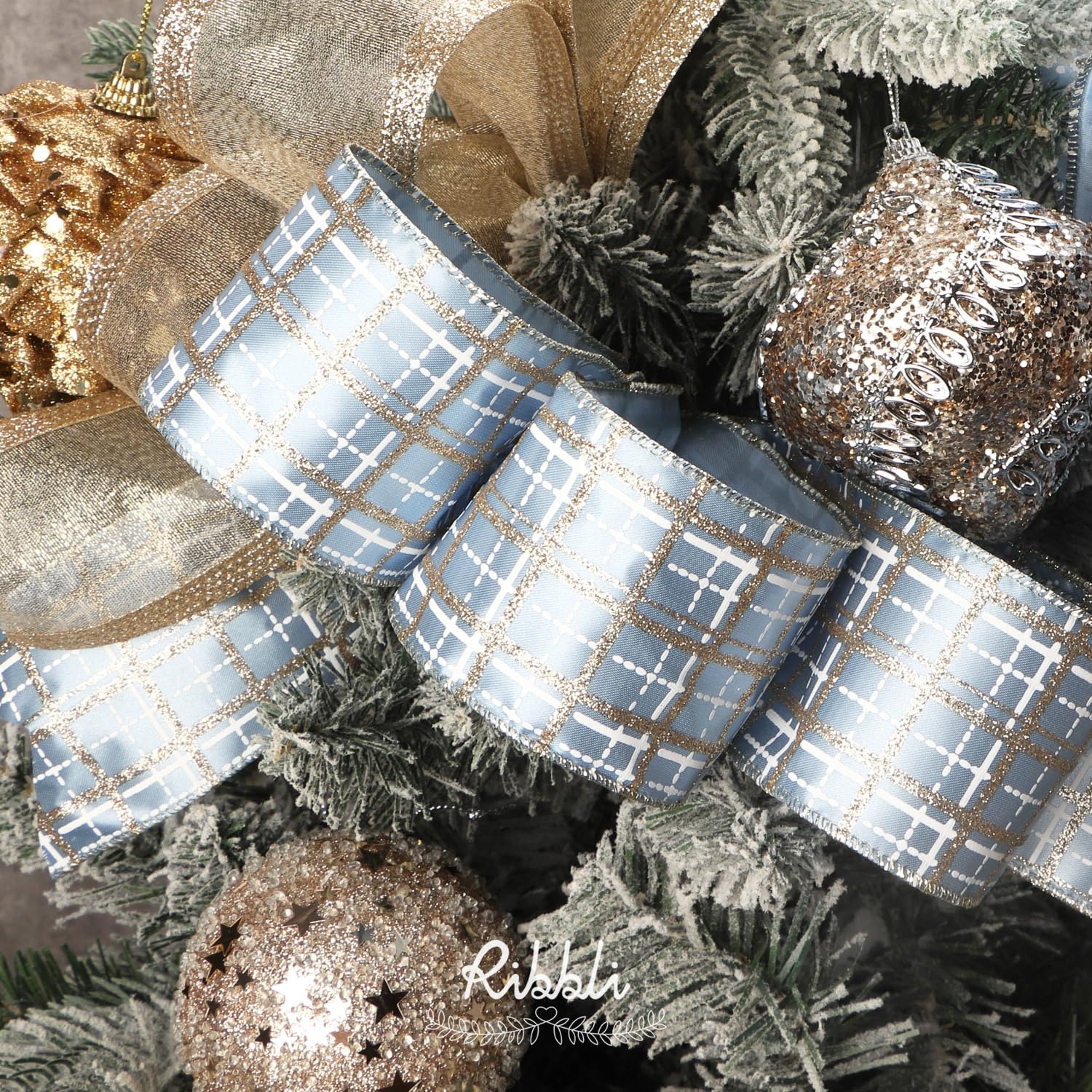Ribbli Christmas Ribbon Wired Black Champagne Christmas Tree Ribbon Snowflake Glitter Wired Ribbons for Tree Topper Bow Crafts Gift Wrapping Wreaths Garland Home Decor -2.5 Inchx6 Rolls Total 36Yard(Dusty Blue/Champagne)