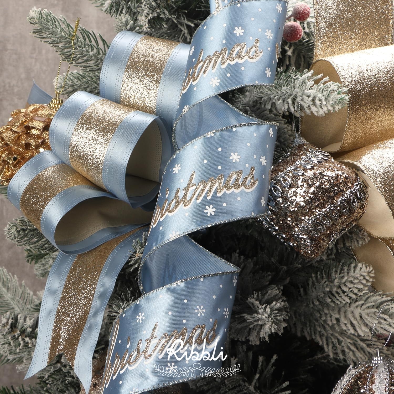 Ribbli Christmas Ribbon Wired Black Champagne Christmas Tree Ribbon Snowflake Glitter Wired Ribbons for Tree Topper Bow Crafts Gift Wrapping Wreaths Garland Home Decor -2.5 Inchx6 Rolls Total 36Yard(Dusty Blue/Champagne)