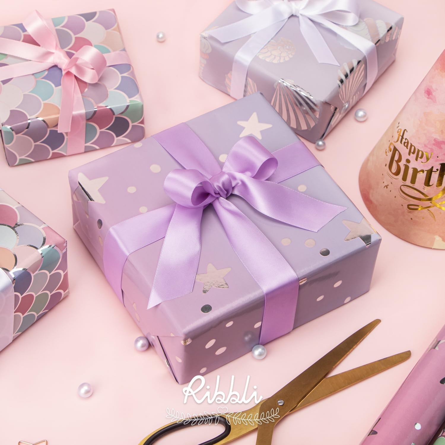 Ribbli Dinosaur Birthday Wrapping Paper 3 Rolls Happy Birthday Dinosaur Balloon Printed Wrapping Paper for Boys- Mini Roll 17 inch x 120 inch(10feet) Per Roll(Purple/Pink)