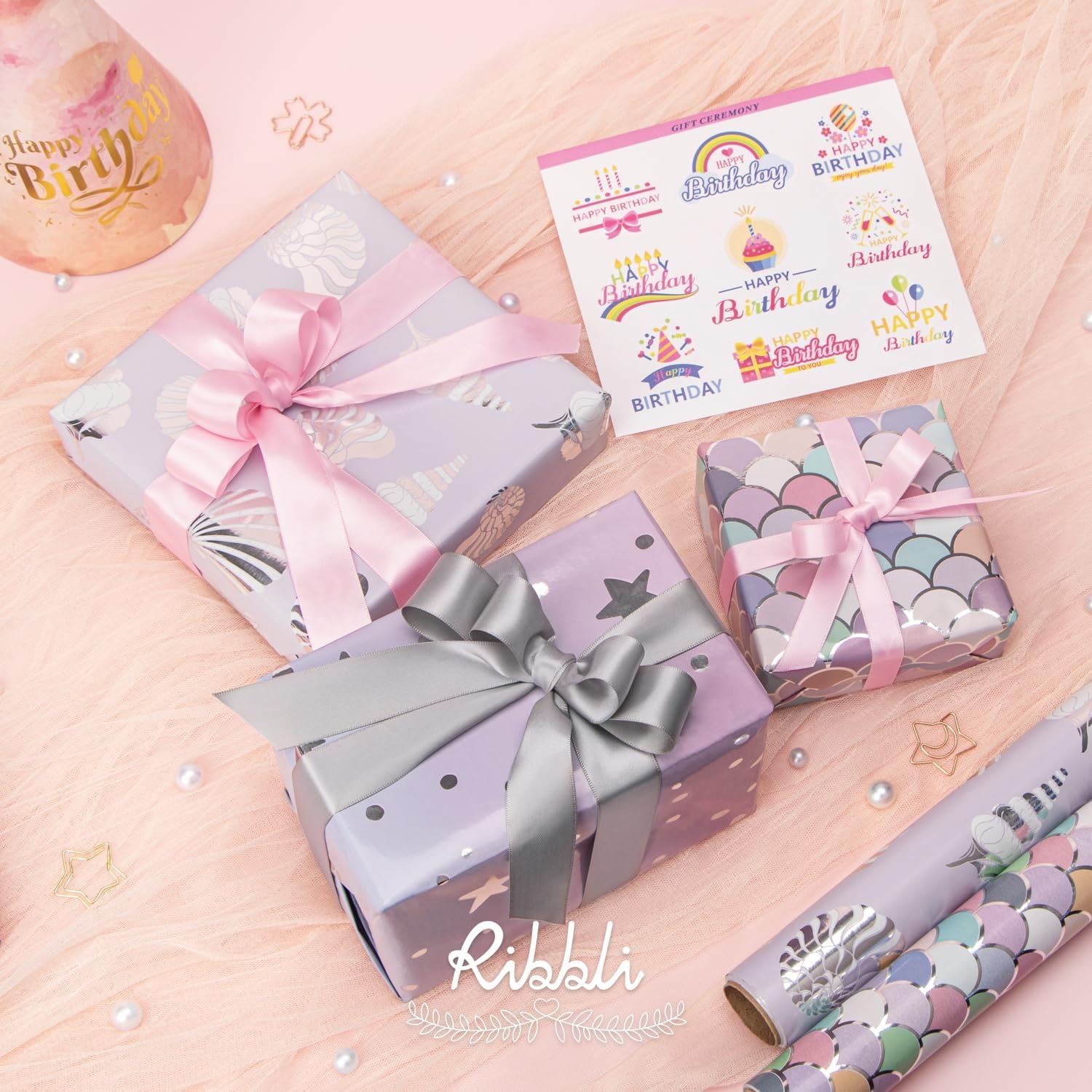 Ribbli Dinosaur Birthday Wrapping Paper 3 Rolls Happy Birthday Dinosaur Balloon Printed Wrapping Paper for Boys- Mini Roll 17 inch x 120 inch(10feet) Per Roll(Purple/Pink)