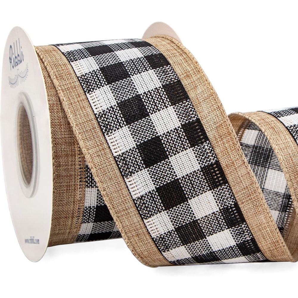 Ribbli Christmas Burlap Wired Ribbon, Buffalo Plaid with Burlap 2-1/2 Inch x Continuous 10 Yard, Christmas Ribbon for Tree, Gift Wrapping, Big Bow, Wreath-Black/White/Natural(Black/White)