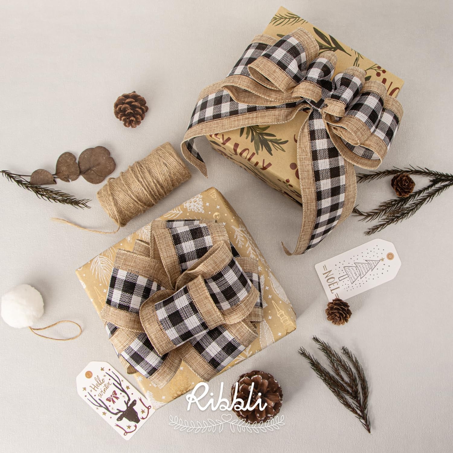 Ribbli Christmas Burlap Wired Ribbon, Buffalo Plaid with Burlap 2-1/2 Inch x Continuous 10 Yard, Christmas Ribbon for Tree, Gift Wrapping, Big Bow, Wreath-Black/White/Natural(Black/White)