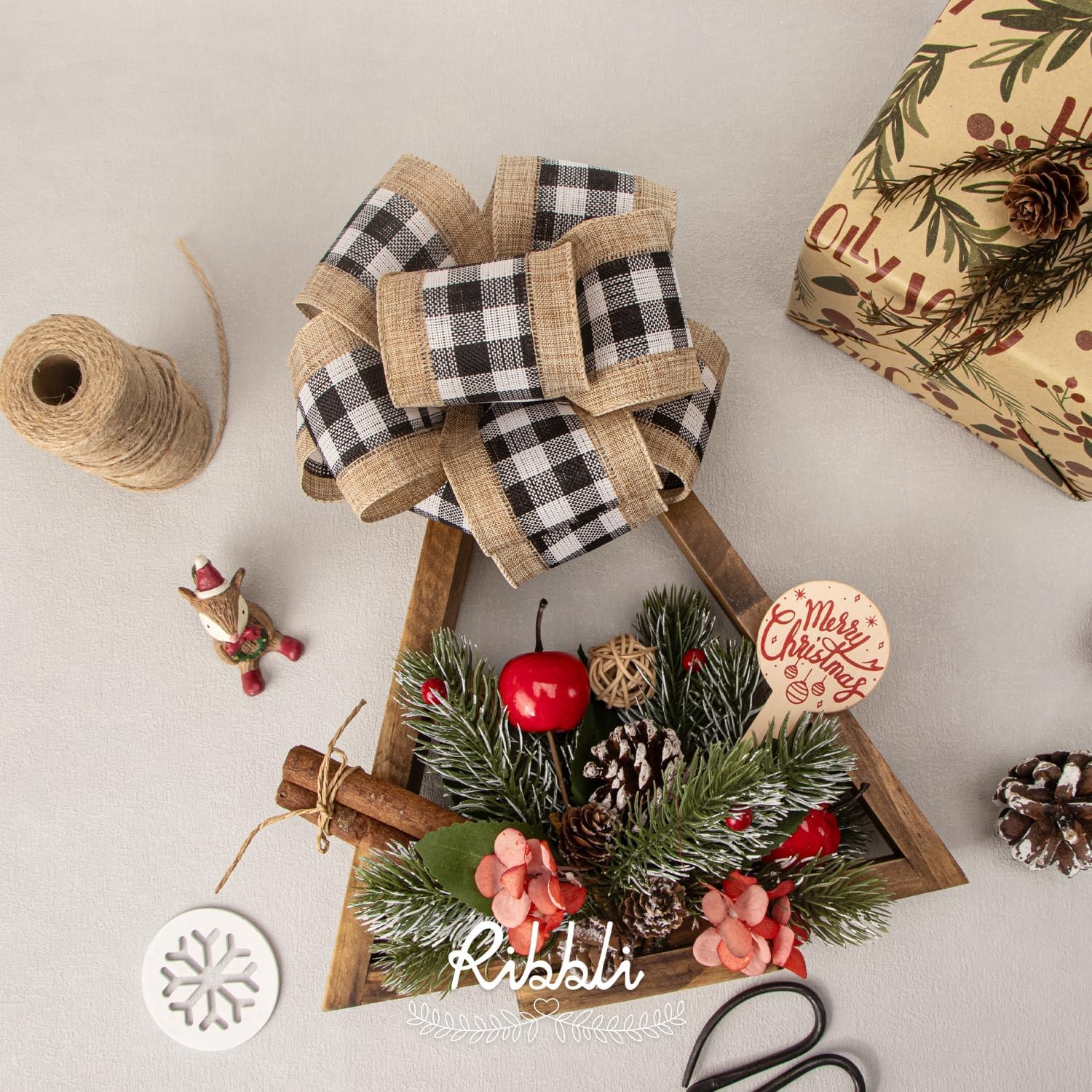 Ribbli Christmas Burlap Wired Ribbon, Buffalo Plaid with Burlap 2-1/2 Inch x Continuous 10 Yard, Christmas Ribbon for Tree, Gift Wrapping, Big Bow, Wreath-Black/White/Natural(Black/White)