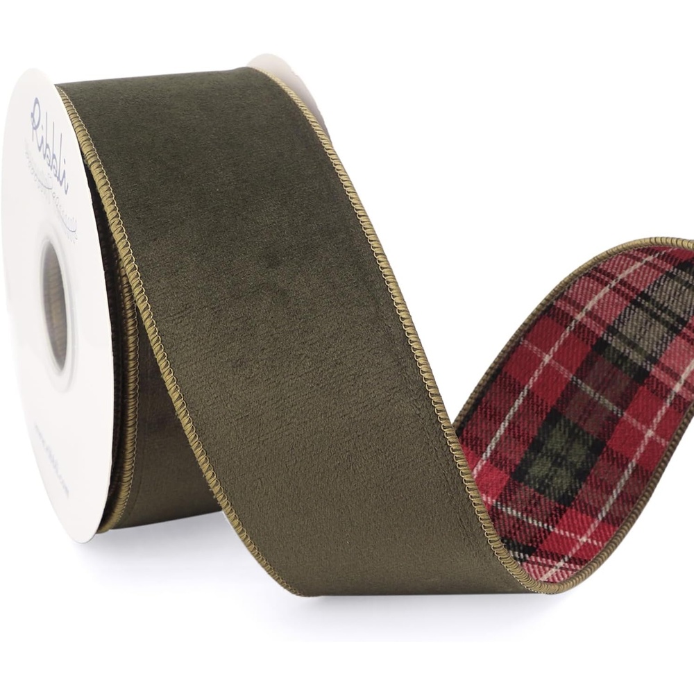 Ribbli Red Velvet Wired Ribbon with Metallic Plaid Reversible 2.5 Inch Christmas Ribbon for Gift Wrapping Christmas Tree Decoration Crafts Wreaths Supplies-Continuous 10 Yards(Moss Green)