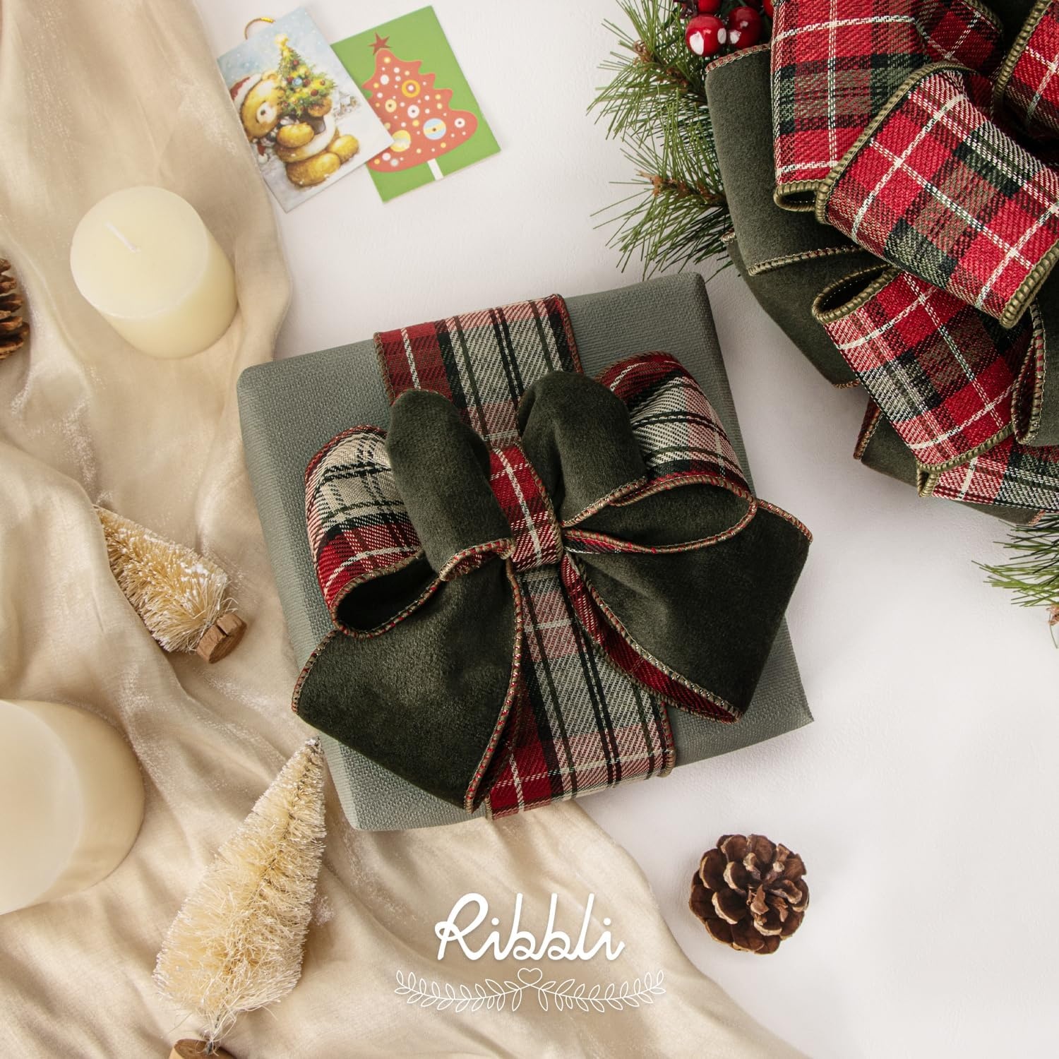 Ribbli Red Velvet Wired Ribbon with Metallic Plaid Reversible 2.5 Inch Christmas Ribbon for Gift Wrapping Christmas Tree Decoration Crafts Wreaths Supplies-Continuous 10 Yards(Moss Green)