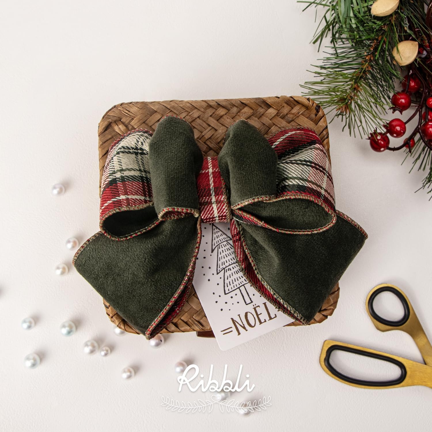 Ribbli Red Velvet Wired Ribbon with Metallic Plaid Reversible 2.5 Inch Christmas Ribbon for Gift Wrapping Christmas Tree Decoration Crafts Wreaths Supplies-Continuous 10 Yards(Moss Green)